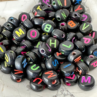 7mm Black Acrylic Letter Beads - Mixed Color Letters - Flat Round - Colorful