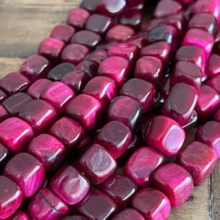 7mm Fuschia Tigers Eye Cube Bead Strand