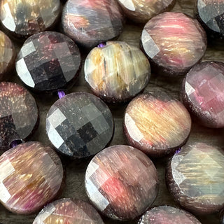 8mm Faceted Galaxy Tigers Eye Flat Round Bead Strand - Rare combination!