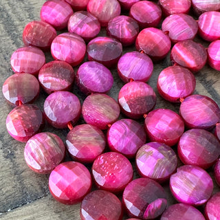 8mm Faceted Fuchsia Tigers Eye Flat Round Bead Strand - Rare combination!
