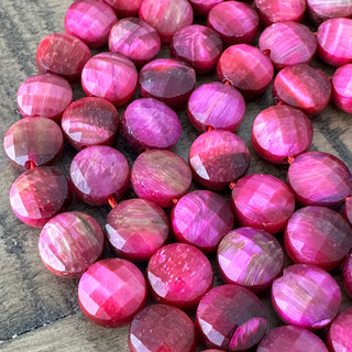 8mm Faceted Fuchsia Tigers Eye Flat Round Bead Strand - Rare combination!