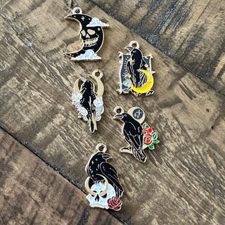 10pc Halloween Raven Charm Set  - Moon Skull - Raven Skull