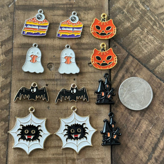 12pc Halloween Charm Set  - Pumpkin Cat - Spider Web - Bat - Castle